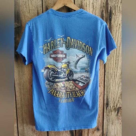 Harley Davidson Motorcycles Women's T-shirt Sz Medium Blue Panama Florida - Picture 2 of 8